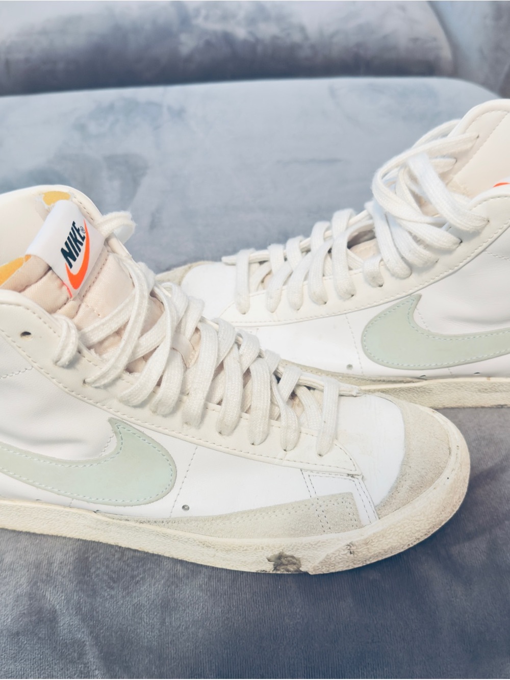 Nike White High-Top Sneakers with Pale Mint Swoosh and Orange Tongue Tab